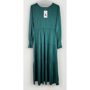 NWT Zesica Women's L Green Smocked Long Sleeve Tiered Boho Prairie Dress